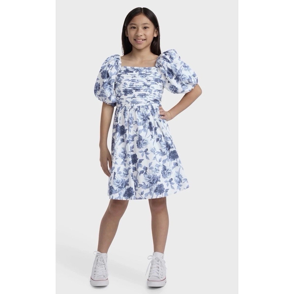 Abercrombie Kids Emerson Puff Sleeve Sundress Blue White Floral Toile Size 15/16
